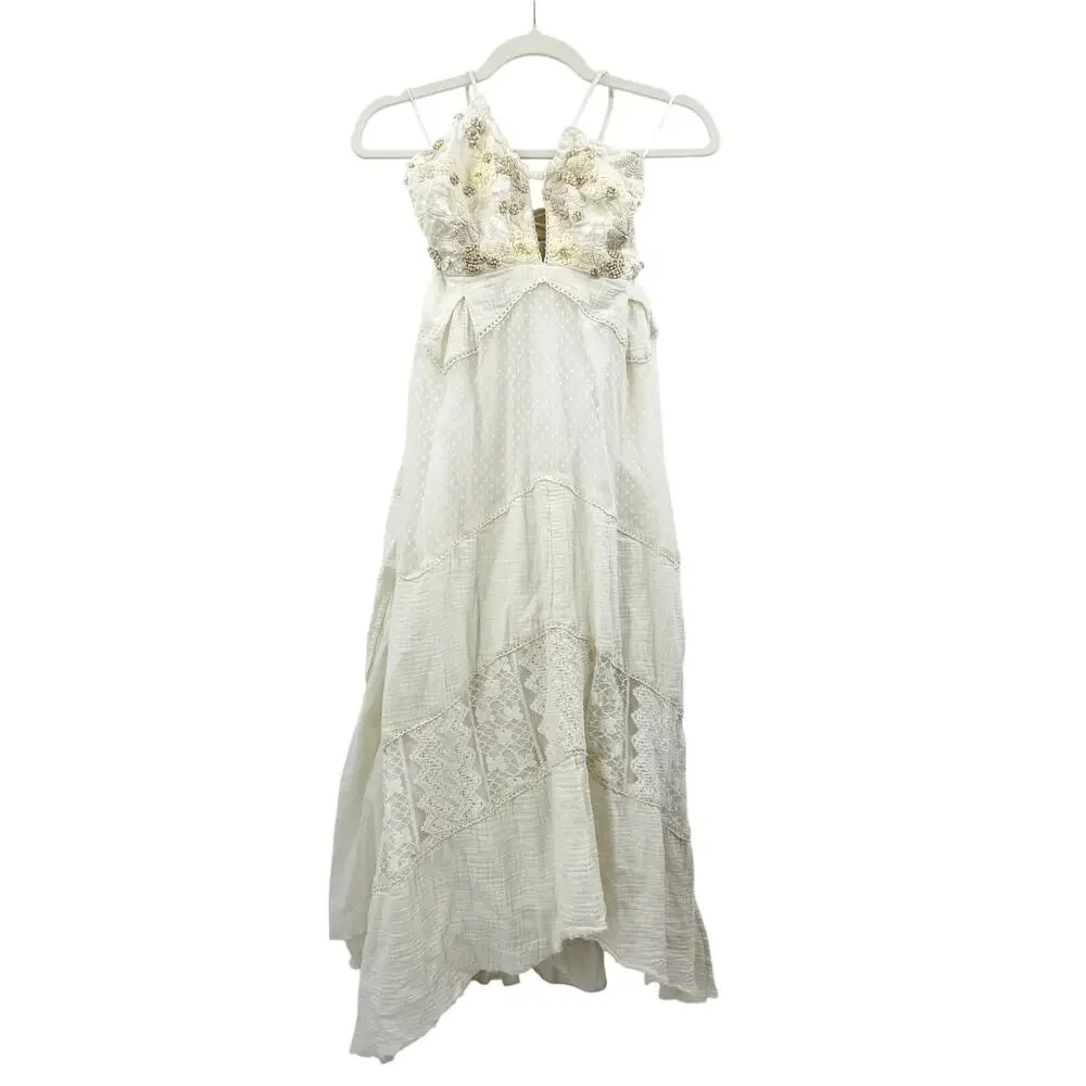Free People XS RARE Ivory Boho ivy eyelet Maxi Dress